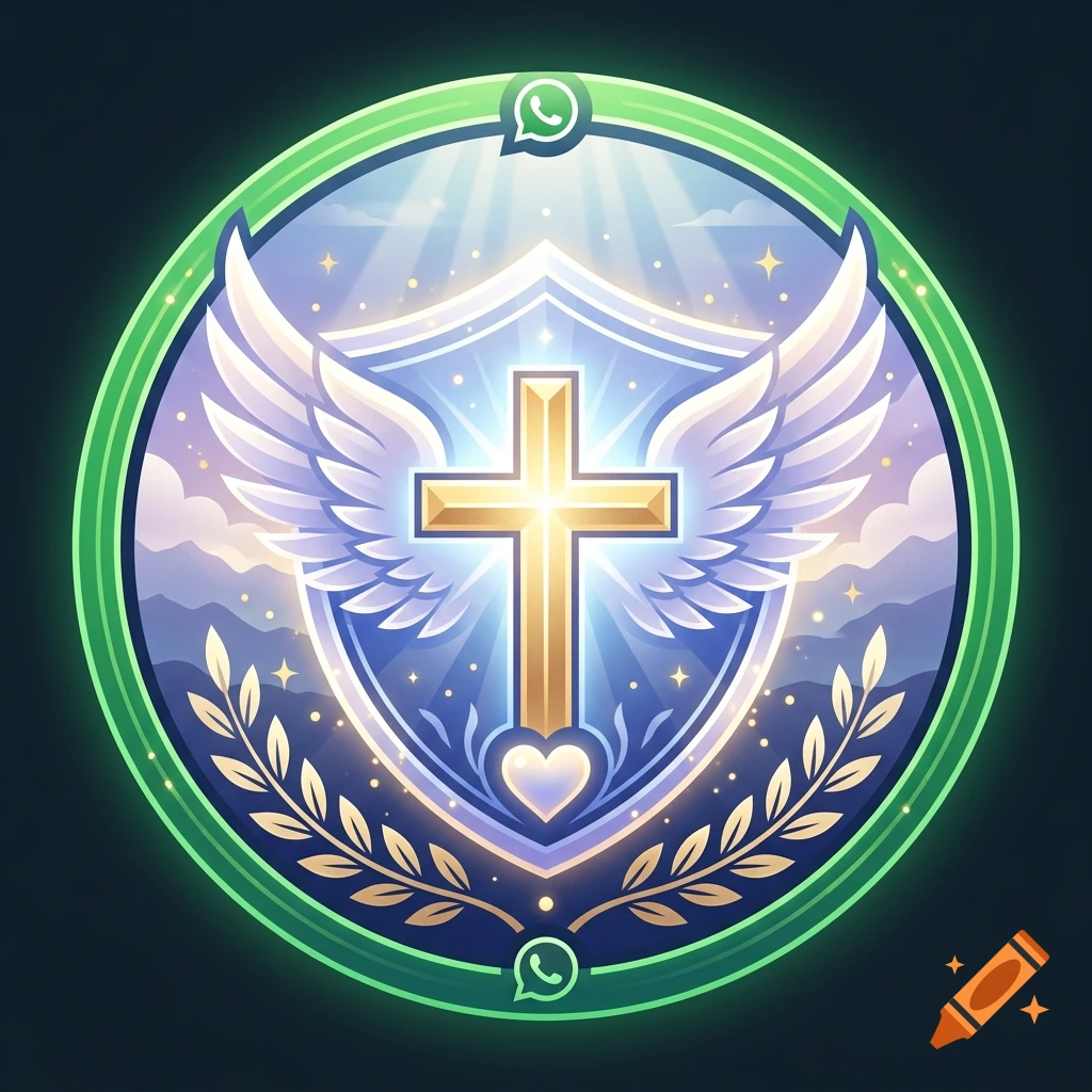 A circular digital emblem featuring a golden cross, white wings, a shield, a heart, and laurel branches against a glowing blue sky background with WhatsApp icons at the top and bottom.