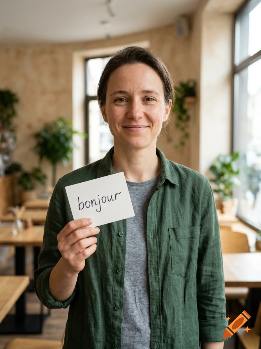 Photorealistic portrait of a smiling person holding a small card with the word 'bonjour' written on it in a cafe.