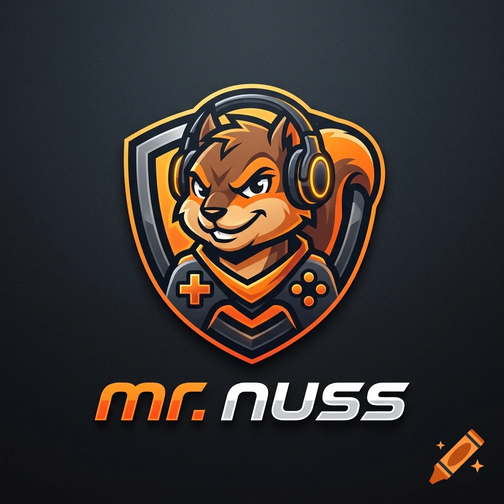 Esports gaming logo featuring a squirrel wearing headphones and holding a controller inside a shield, with the text mr. nuss below.
