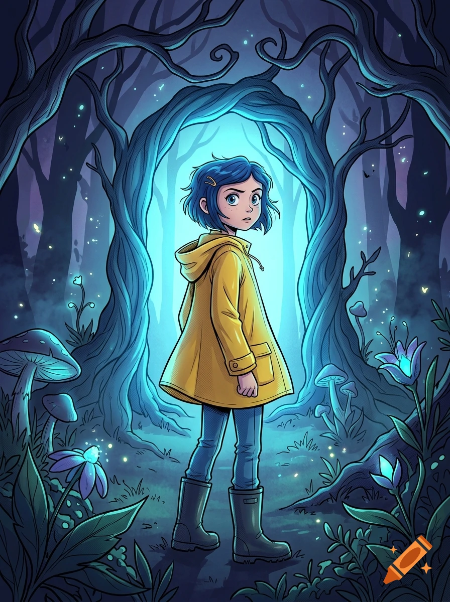 An illustrated young girl in a yellow raincoat stands in a mystical blue glowing forest surrounded by strange trees and glowing flowers.