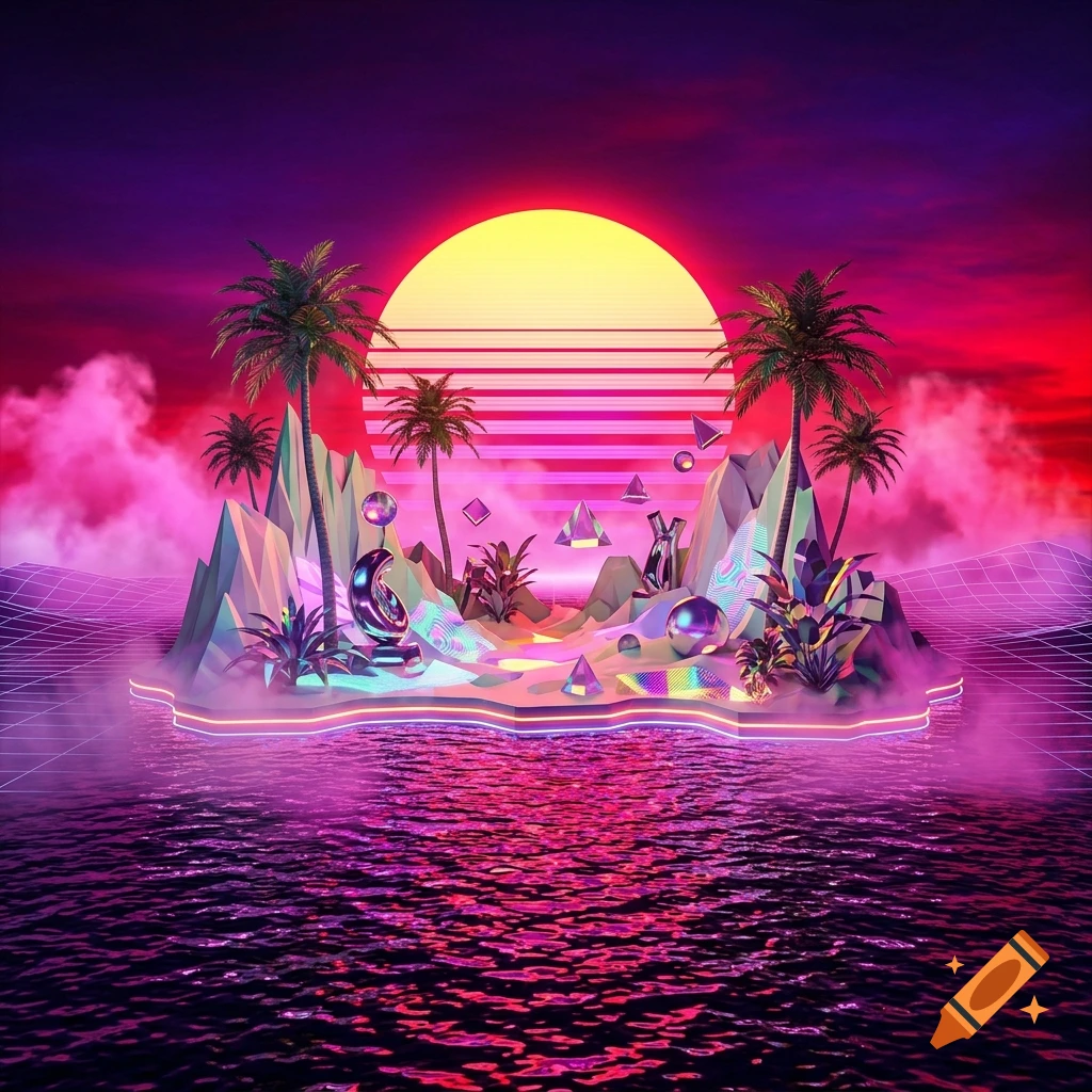 Vaporwave island with neon palm trees, low-poly mountains, a giant glowing sun, and a pink grid ocean in digital art style.