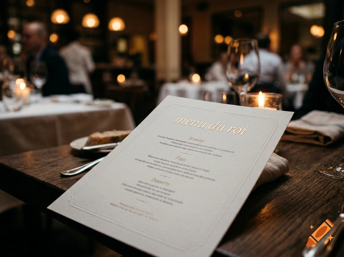 A menu card titled menu du roi rests on a wooden restaurant table with blurred diners and candles in the background.