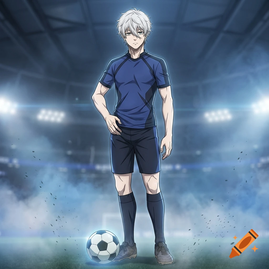Anime style illustration of a male soccer player standing in a stadium with a football at his feet.