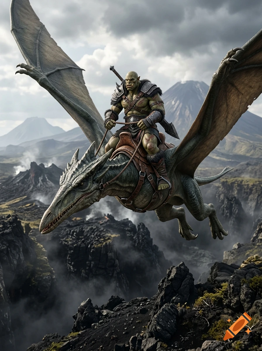 An orc warrior riding a flying dragon over a volcanic mountain landscape.
