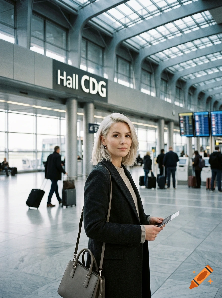 A blonde woman holding a passport in an airport terminal near a sign reading Hall CDG, with other travelers and luggage in the background.