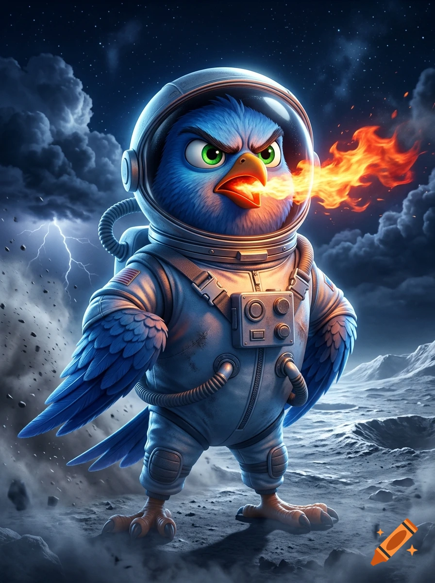An angry blue bird wearing an astronaut suit stands on a rocky planetary surface while breathing fire, against a backdrop of stormy clouds, lightning, and a starry sky.