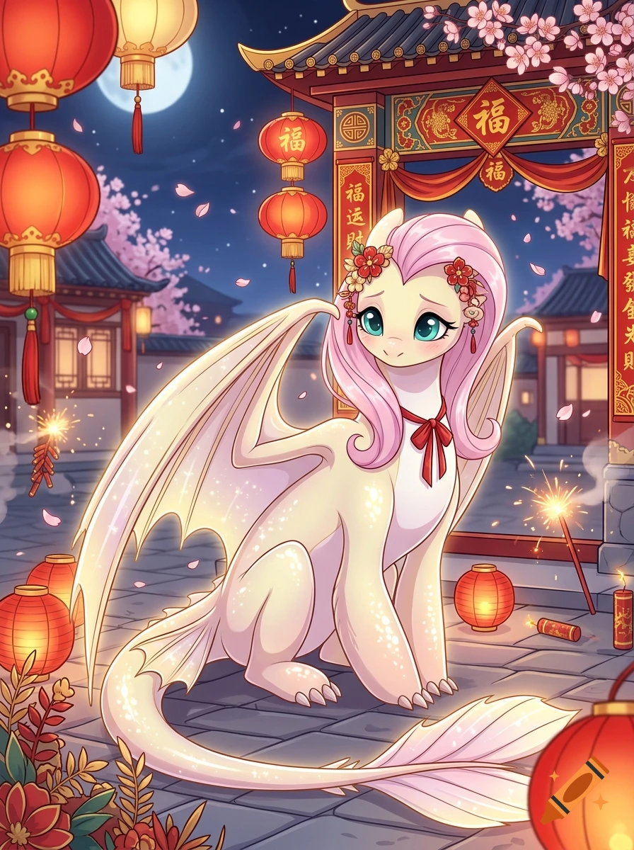 Digital illustration of a hybrid creature combining Fluttershy from My Little Pony and a Light Fury dragon sitting outdoors during Lunar New Year.