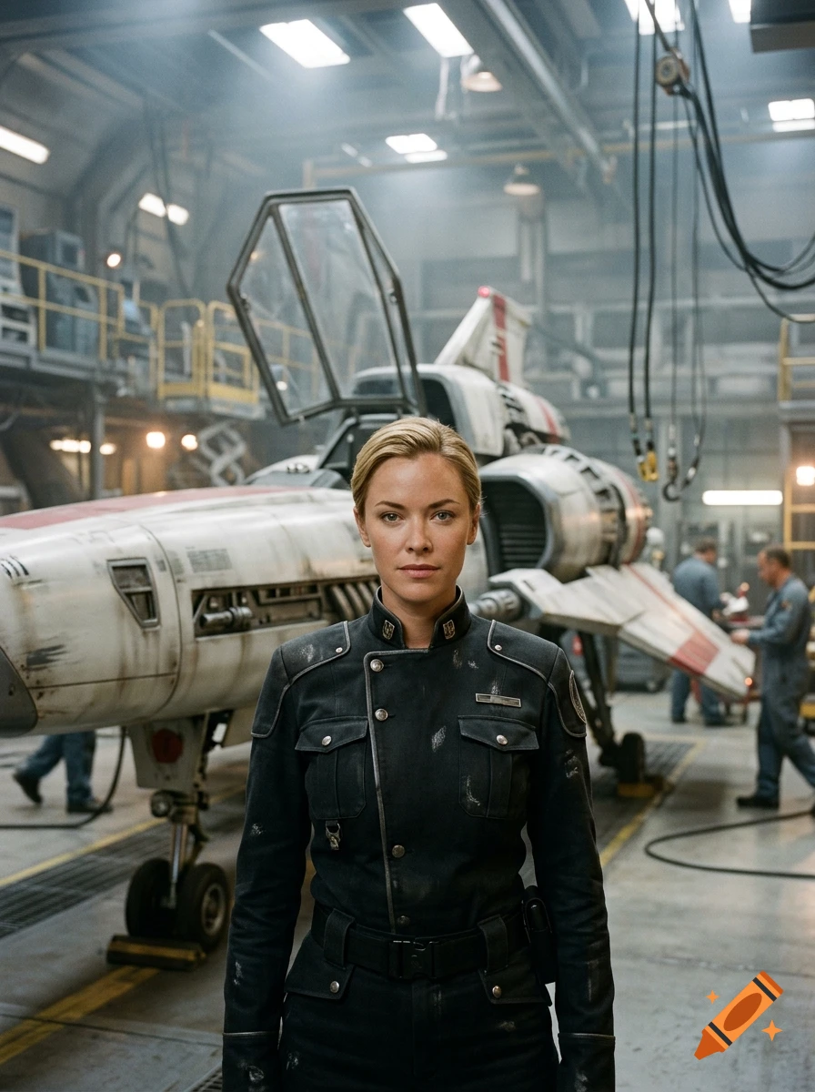 Photorealistic portrait of a female officer in a dark uniform standing in a hangar with a spaceship, Battlestar Galactica style.