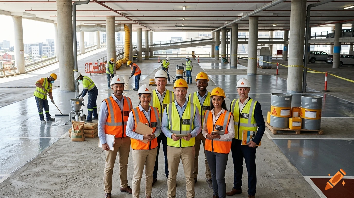 Photorealistic image of a diverse sales team in hard hats and safety vests standing in a parking garage under construction.