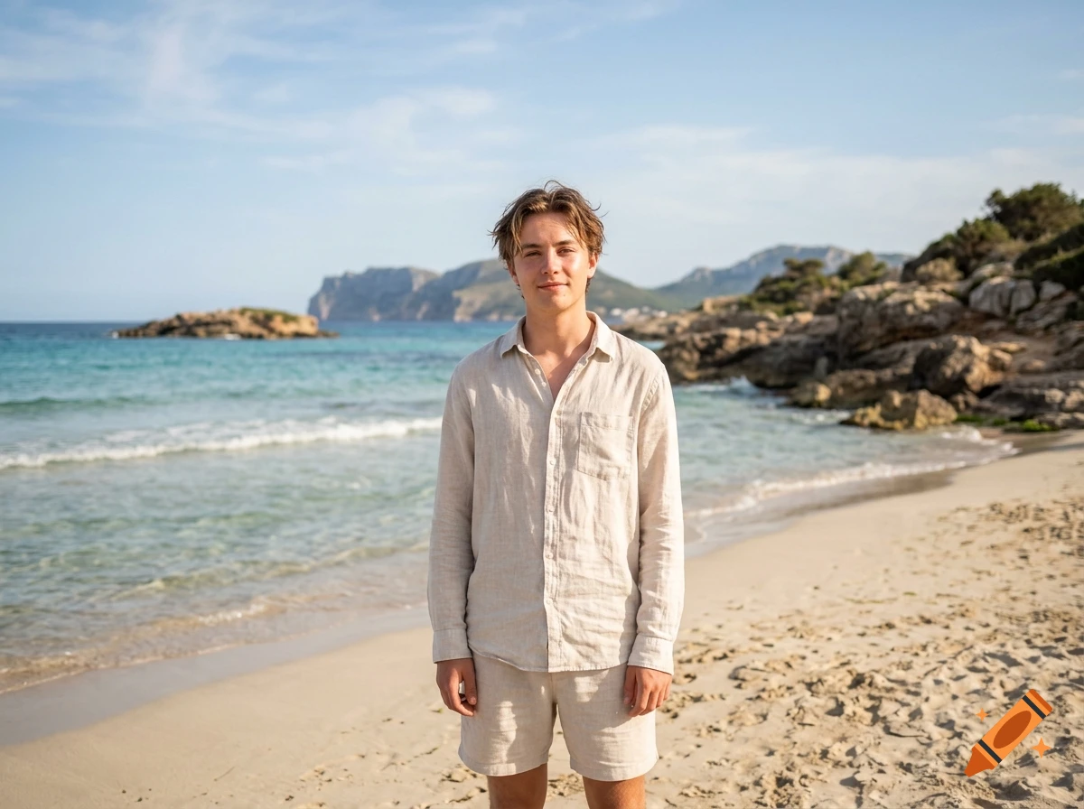 Portrait of a young man standing on a sandy beach with the sea and rocky hills in the background.