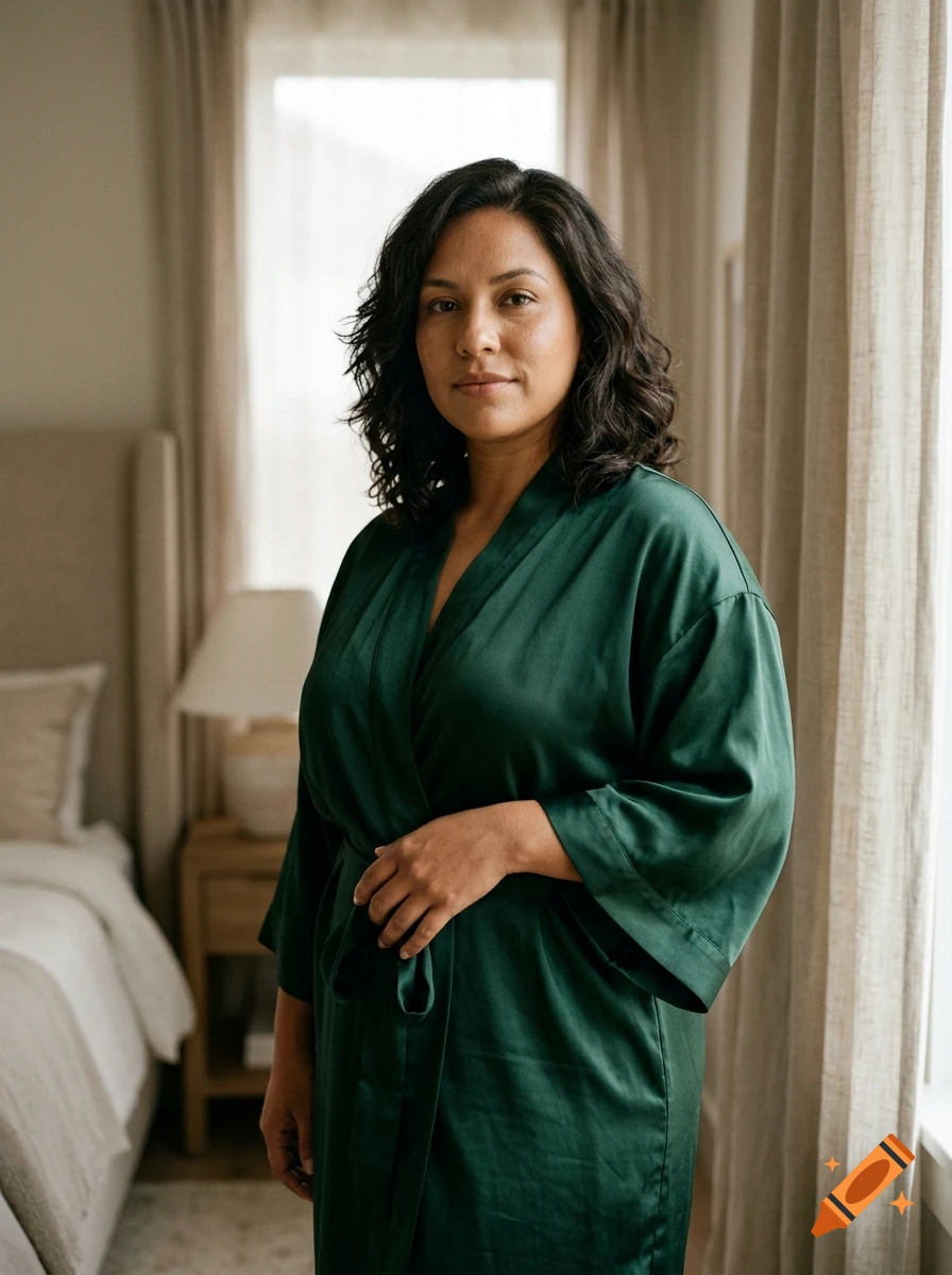 Portrait of a woman with dark wavy hair wearing a green silk robe, standing indoors near a window and a bed.
