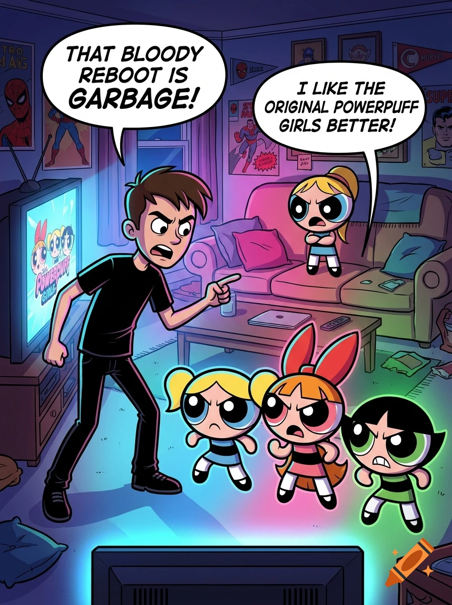 Comic style illustration of a man and Powerpuff Girls reacting angrily to a reboot shown on TV in a living room.