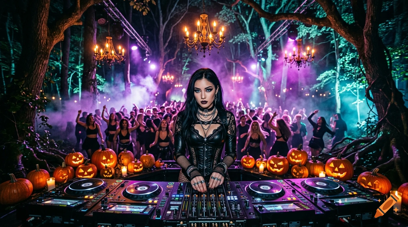 Photorealistic wide shot of a gothic female DJ mixing music at a forest rave surrounded by glowing pumpkins and chandeliers.