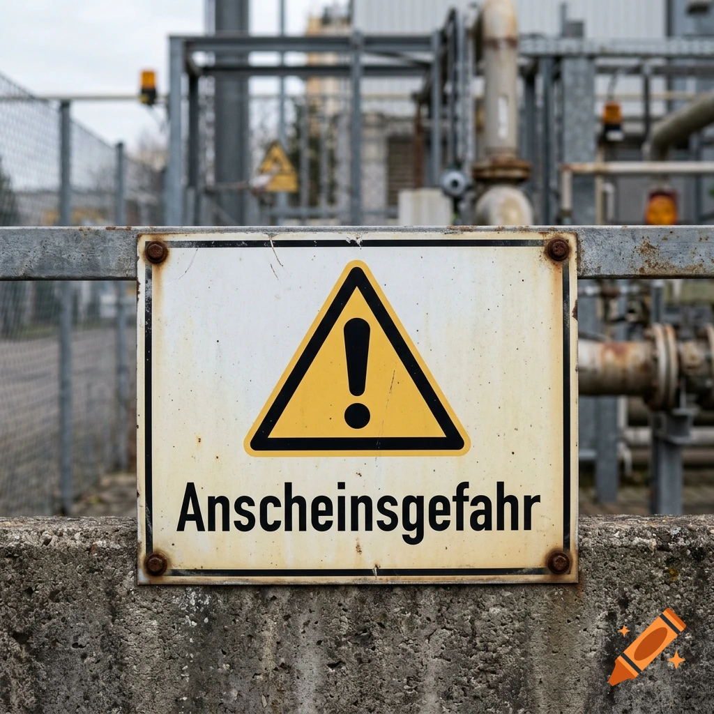 Anscheinsgefahr warning sign with an exclamation mark in a yellow triangle, mounted in front of an industrial facility.