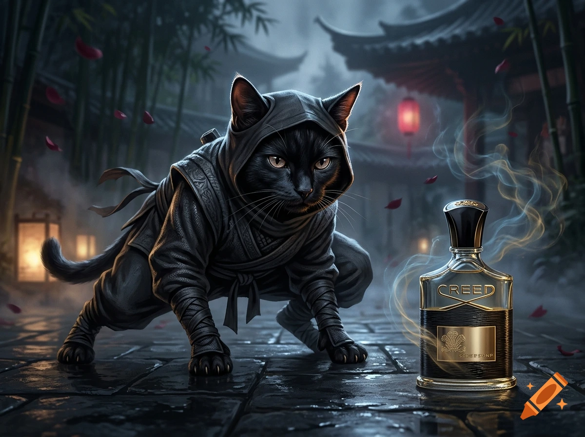 A black cat dressed as a ninja in a traditional courtyard beside a bottle of Creed perfume with swirling smoke, photorealistic style.
