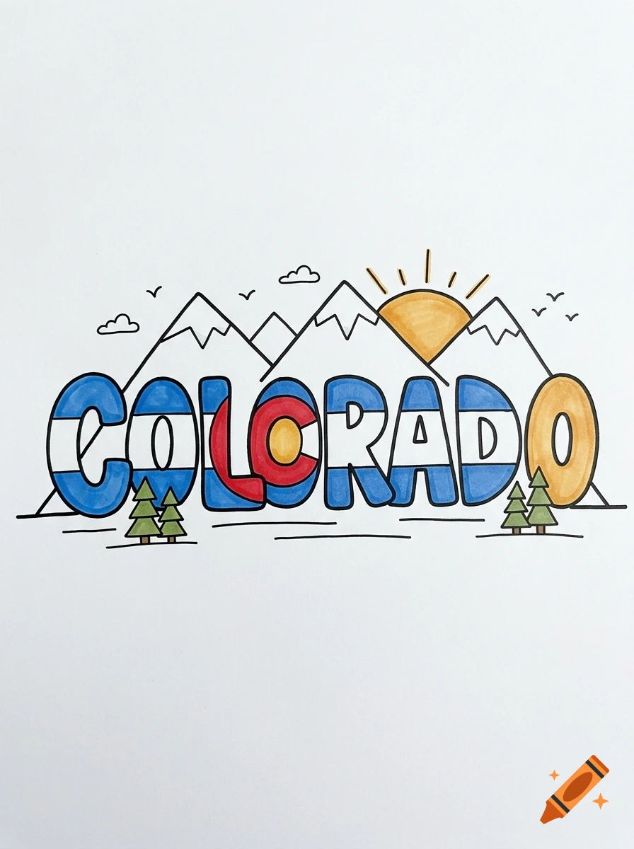 Colorful hand-drawn lettering spelling COLORADO with mountain and sun background