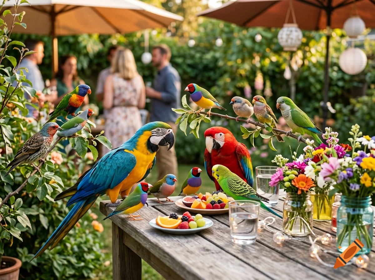 Photorealistic scene of various colorful parrots and exotic birds gathered around a wooden picnic table with fruit and flowers in a garden.