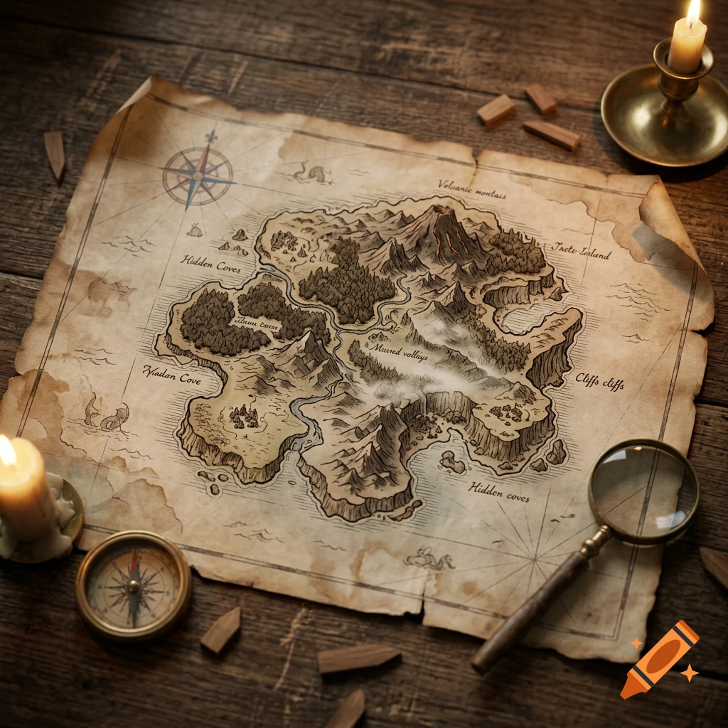 An illustrated fantasy map of an island on a wooden table with a compass, magnifying glass, and candles.