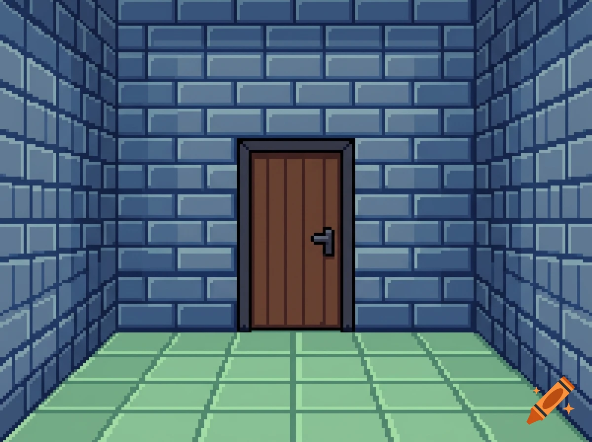 8-bit pixel art of an empty symmetrical room with blue brick walls, a green tiled floor, and a central brown door.