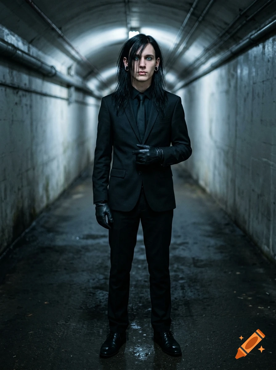 Photorealistic full-body portrait of a teen male spy in a black suit, gloves, and tunnel piercings standing in a concrete tunnel.