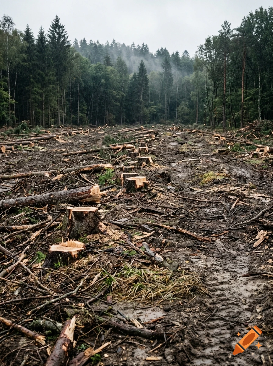 Photorealistic image of a deforested forest with tree stumps and muddy tire tracks on the ground.