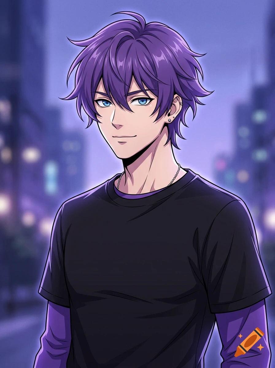 Anime style illustration of a young man with purple hair and blue eyes wearing a black t-shirt against a city night background.