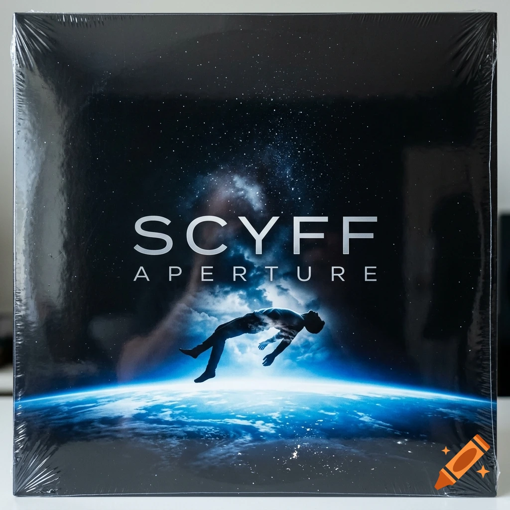 An album cover featuring a human silhouette suspended in space above Earth, with the text SCYFF APERTURE.