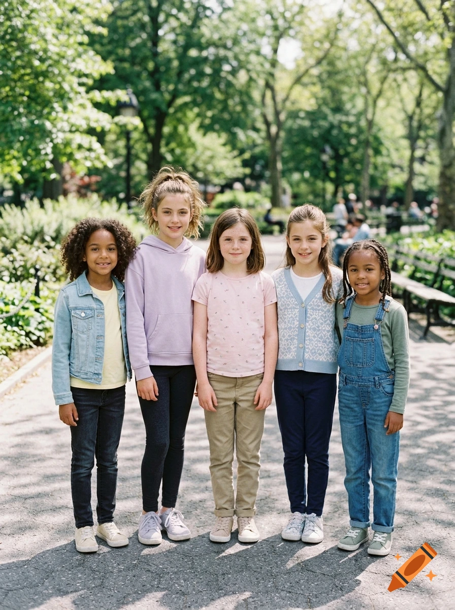 Photorealistic photo of five diverse young girls standing together on a paved path in a sunlit park.