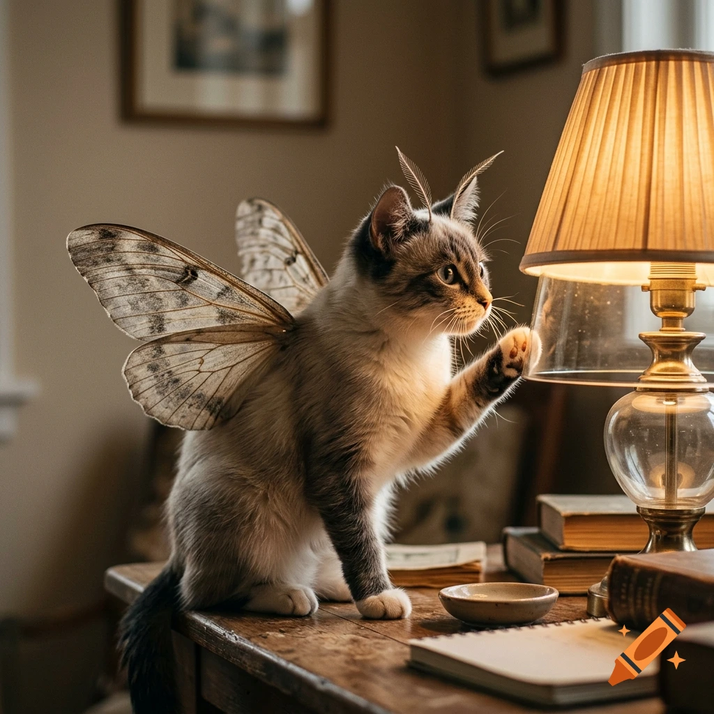 A whimsical cat with moth-like wings sitting on a wooden desk, reaching a paw toward a glowing table lamp.