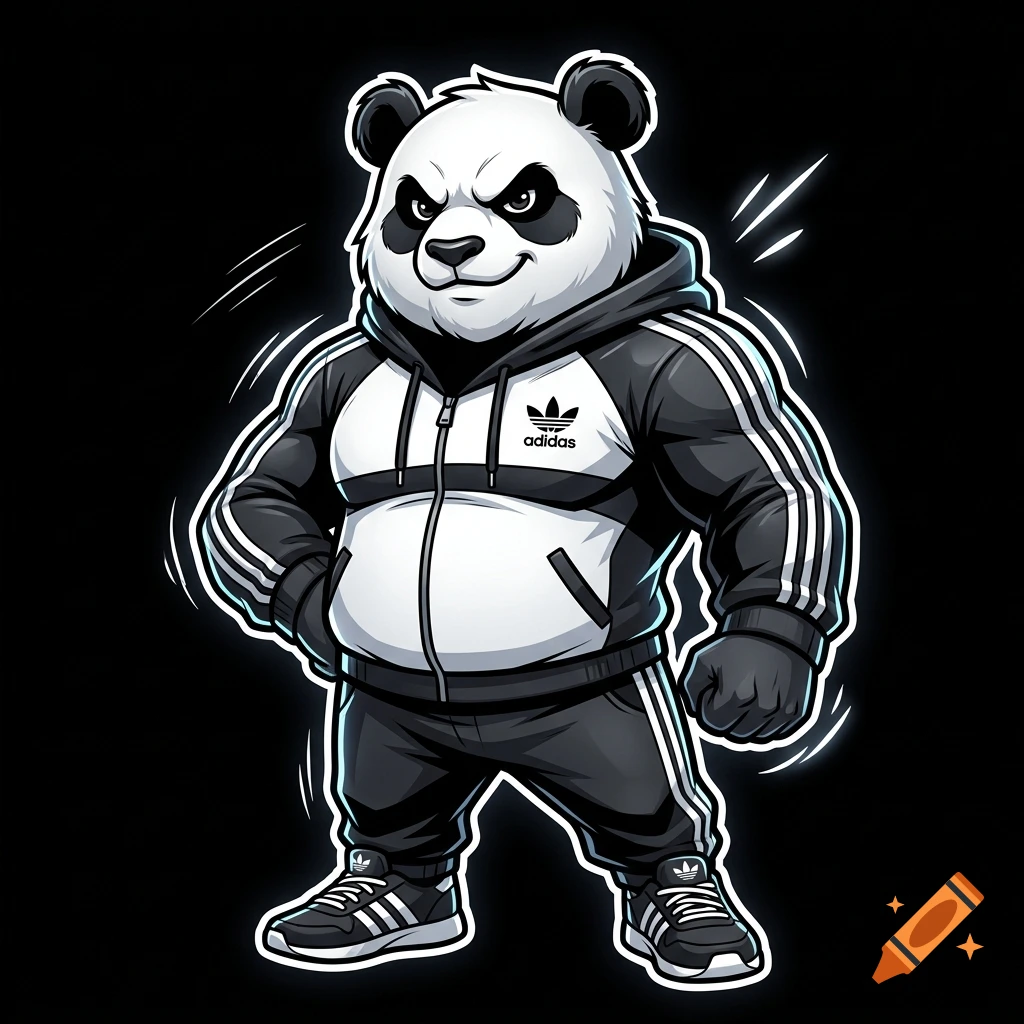 Comic style illustration of a muscular panda wearing a black and white adidas tracksuit and sneakers.