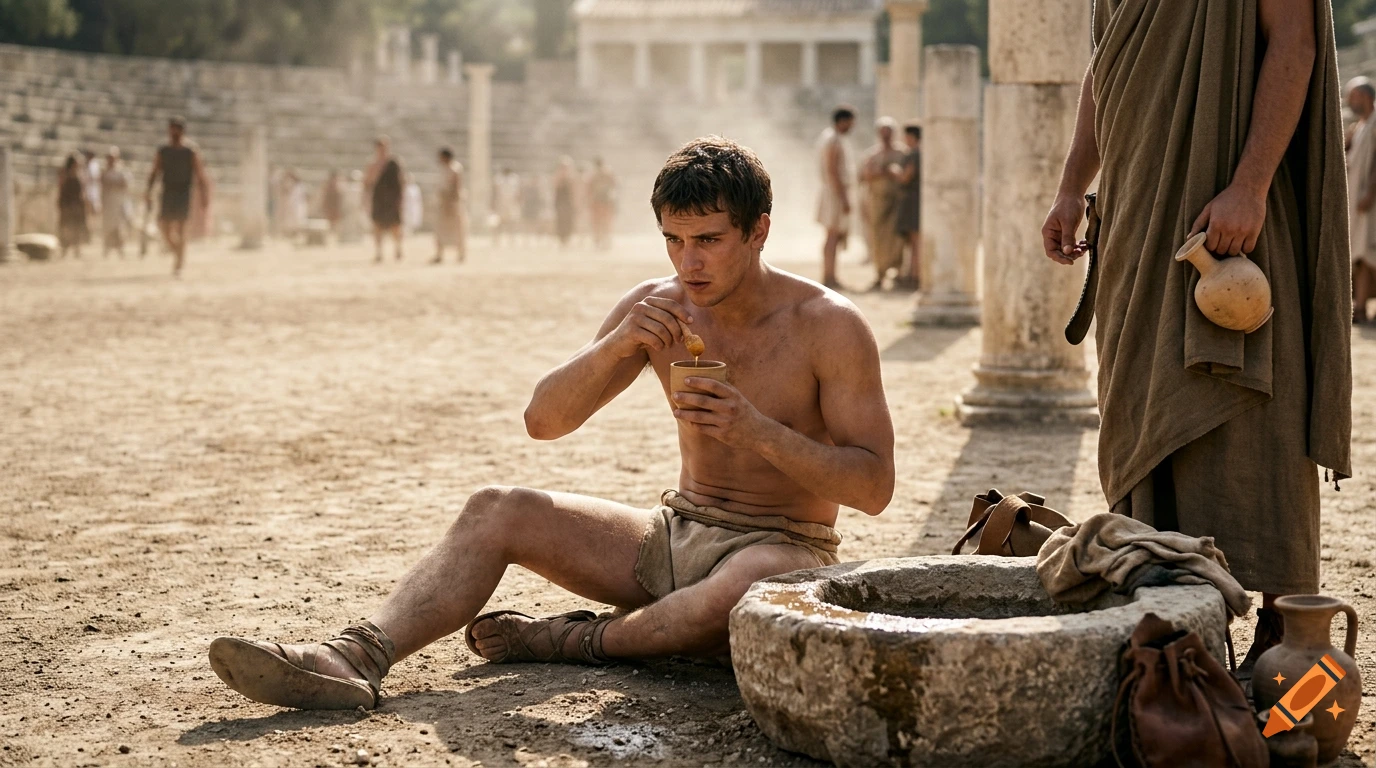A shirtless young man sits on the ground in an ancient amphitheater, eating from a small bowl.