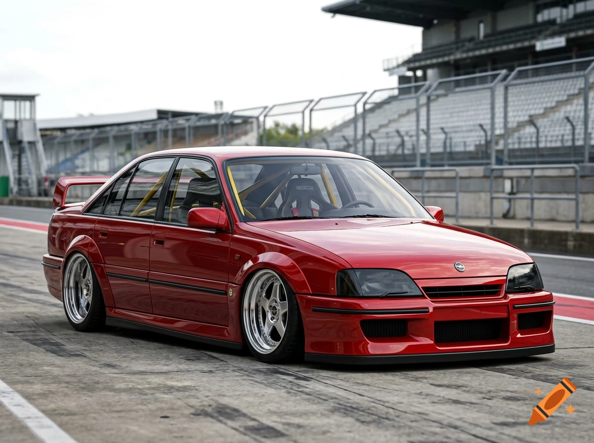 A modified red sedan parked on an empty racetrack pit lane with grandstands in the background.