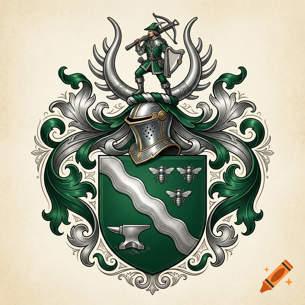 Detailed heraldic coat of arms with a green shield, silver wavy bend, three bees, an anvil, and a helmet topped with a green-clad archer.