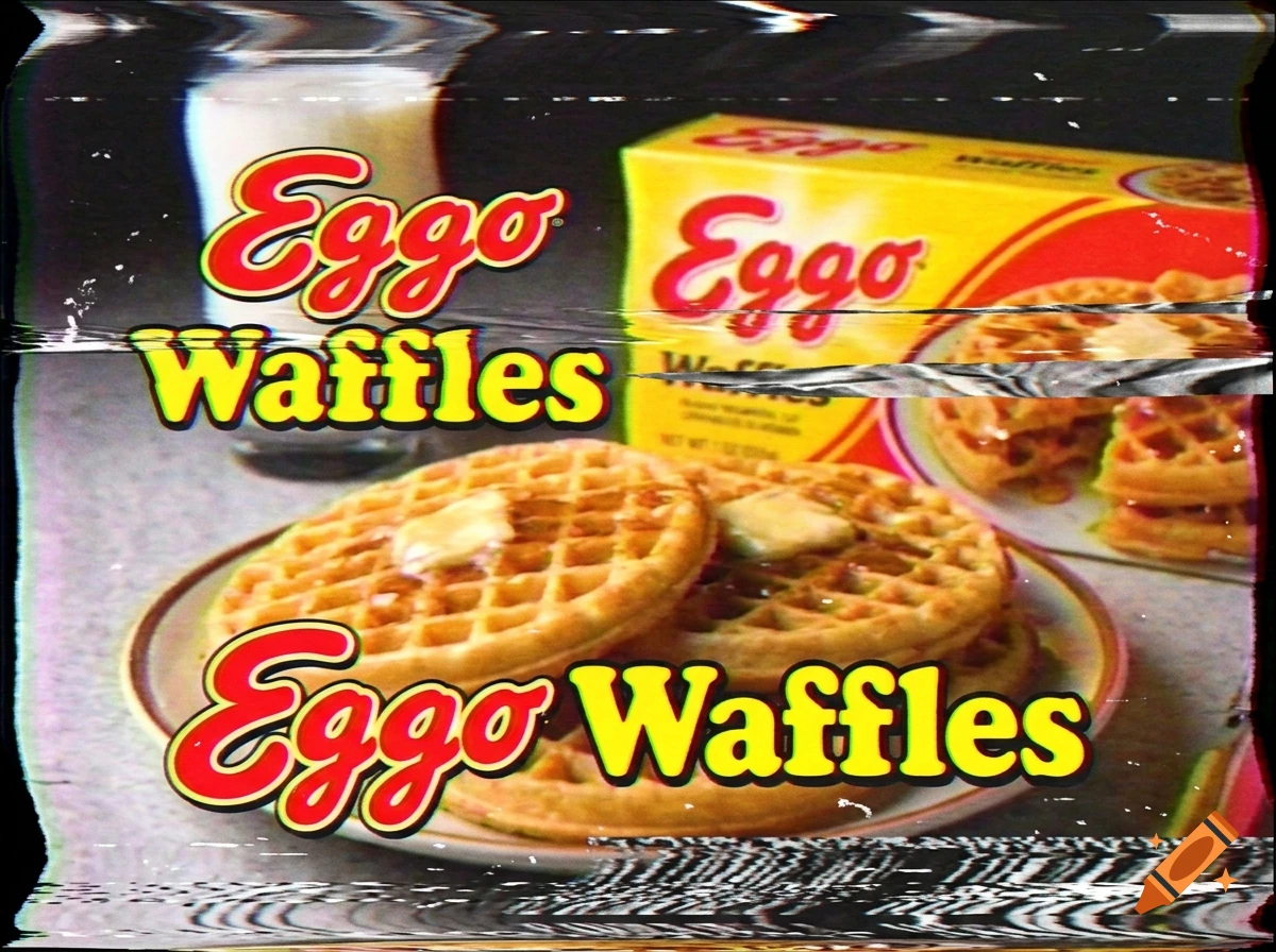 Vintage 1980s VHS style commercial featuring Eggo waffles, syrup, butter, and a box of waffles on a table.