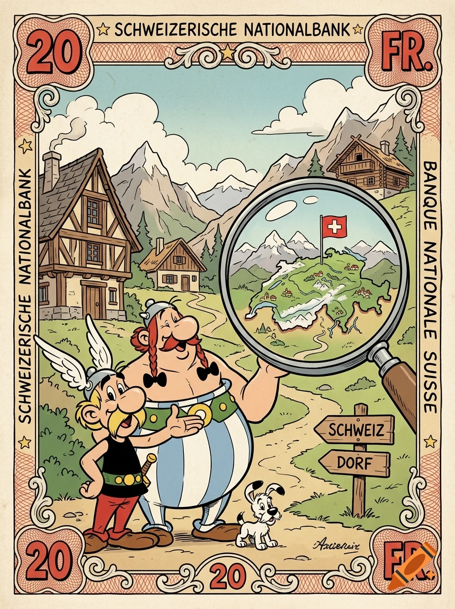 An illustrated banknote featuring cartoon characters Asterix and Obelix holding a magnifying glass over a map of Switzerland, with Swiss houses and mountains in the background.