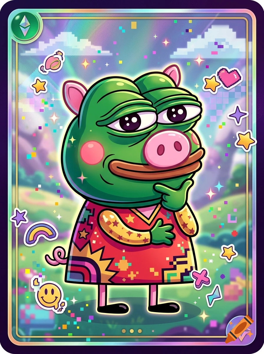 Collectible holographic card featuring a hybrid of Peppa Pig and Pepe the Frog in a colorful digital art style.