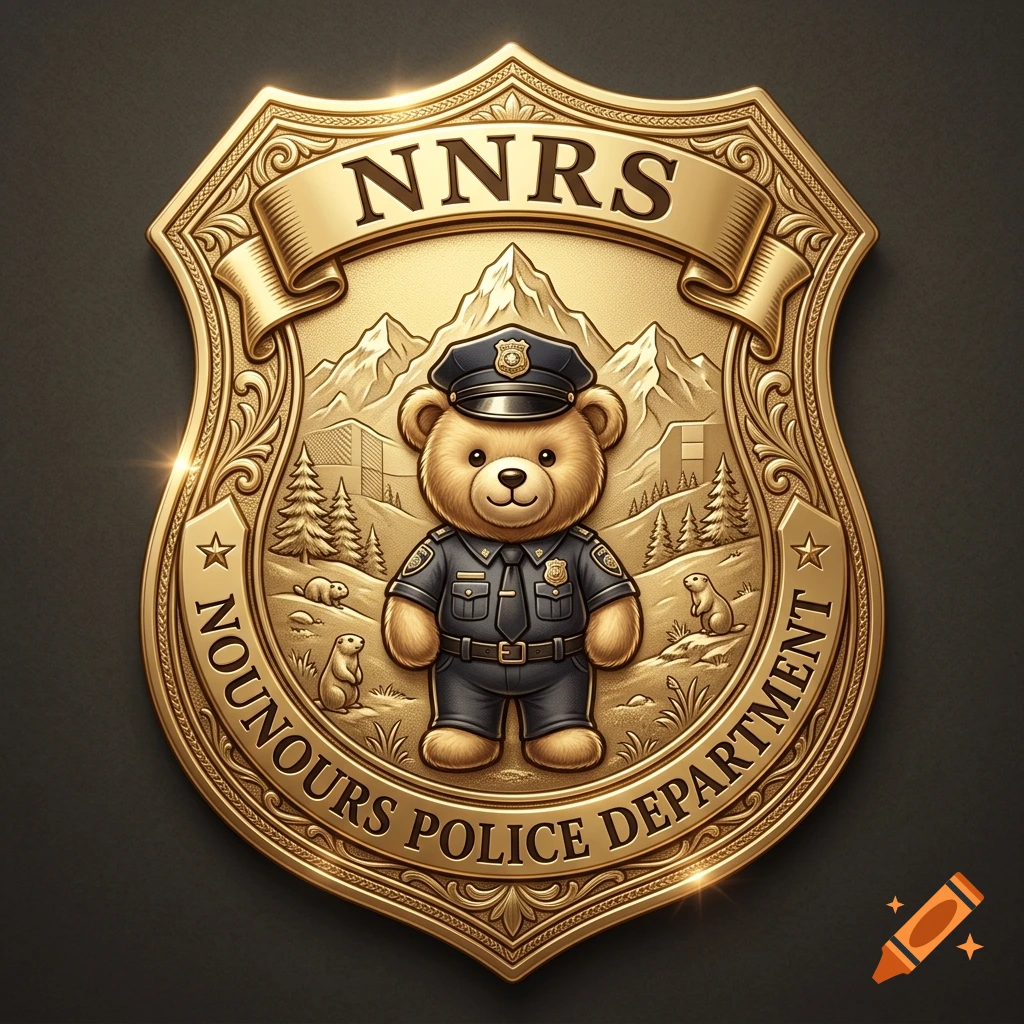 Gold police badge featuring a cute teddy bear in uniform with mountains and marmots in the background.