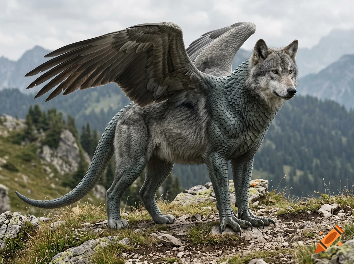 A mythical creature with the head and fur of a wolf, scaled body and legs, avian wings, and talons, standing on a rocky mountain ridge.