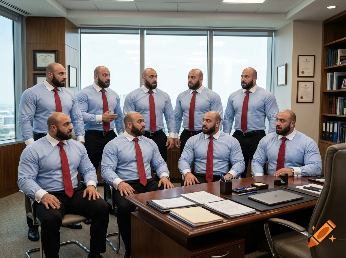 An office scene featuring multiple muscular men with shaved heads and beards, all wearing identical light blue dress shirts and red ties.