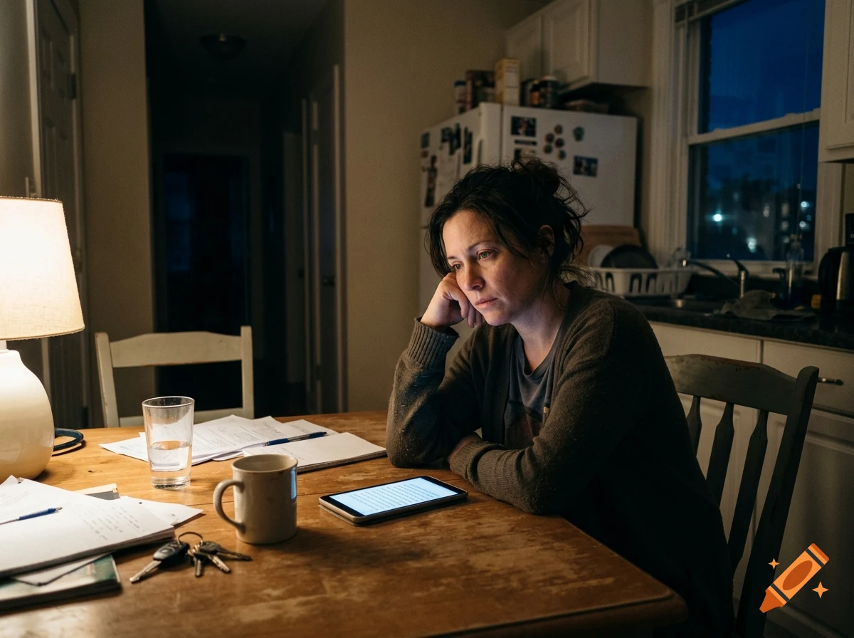 Photorealistic image of a woman sitting at a wooden kitchen table at night, looking tired while resting her head on her hand.