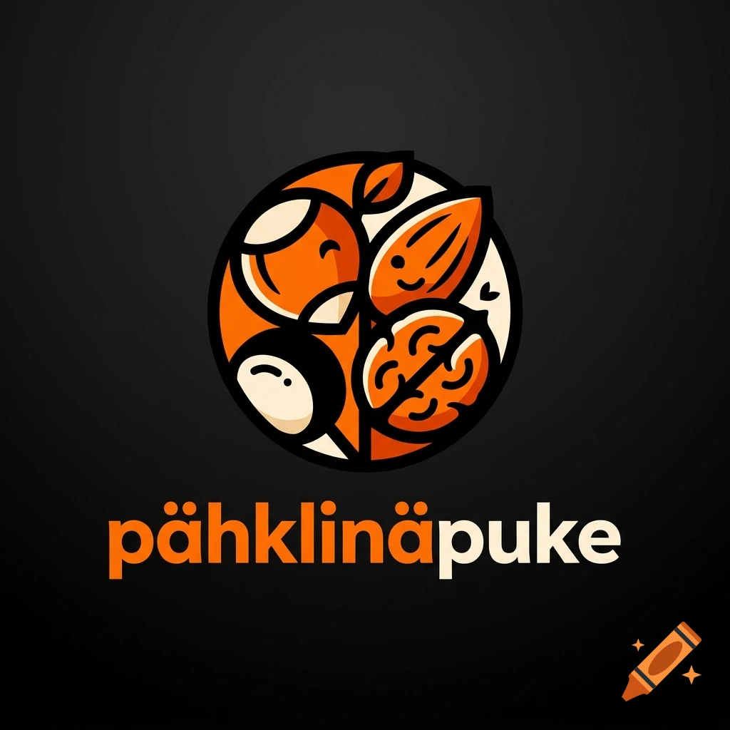 A circular logo featuring stylized cartoon nuts with faces, accompanied by the text 'pähklinäpuke' on a dark background.