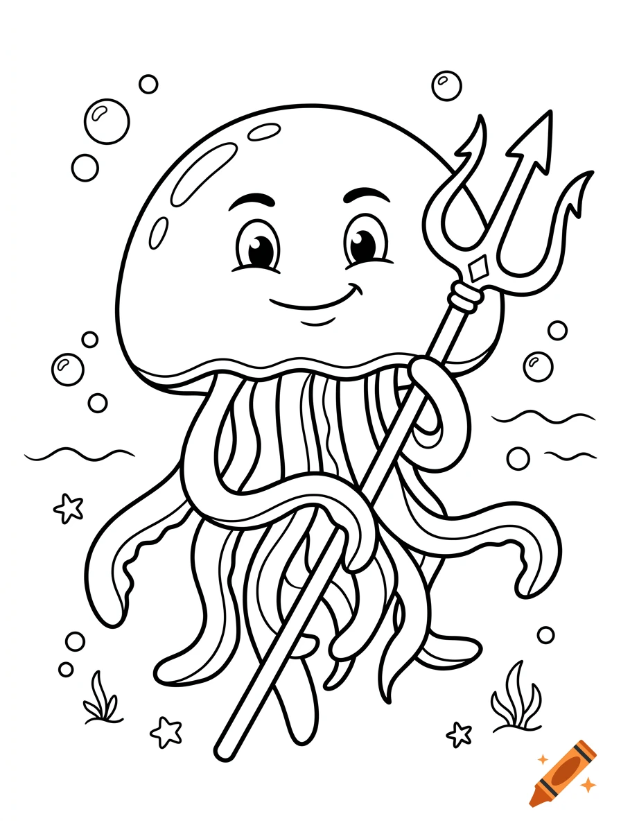A black and white line drawing of a smiling cartoon jellyfish holding a trident, surrounded by bubbles and small starfish in an underwater scene, suitable as a coloring page.