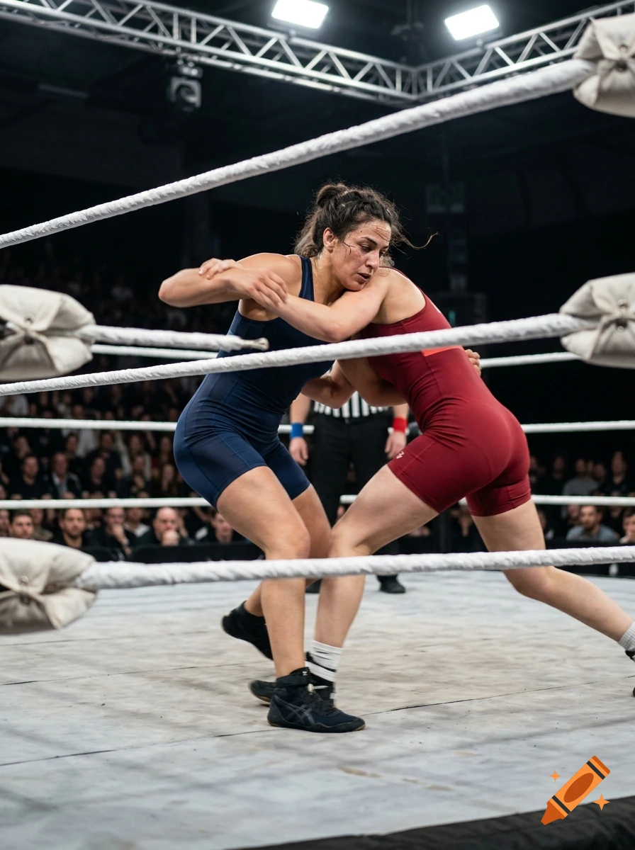 Two female wrestlers grappling in a wrestling ring with ropes and turnbuckles, photorealistic action shot.