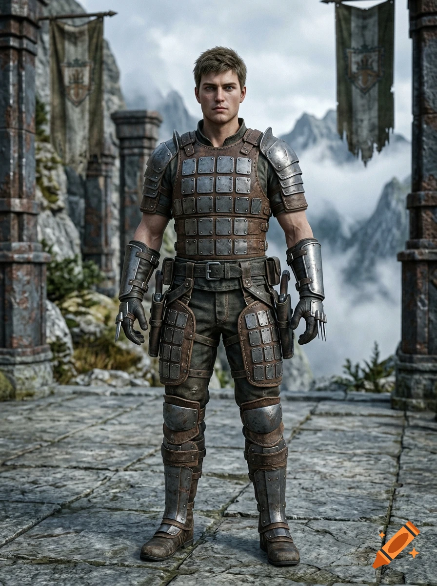 A full-length portrait of a male warrior in rugged plate and leather armor standing on a stone terrace with mountain backdrops and hanging banners.