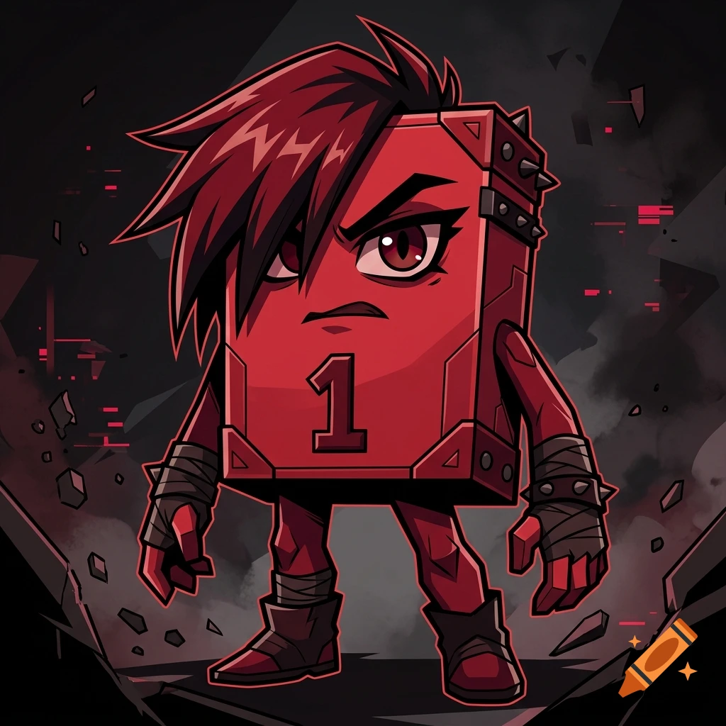 An edgy anime-style anthropomorphic red block character with the number 1 on its chest, dark red hair, and spiky boots.