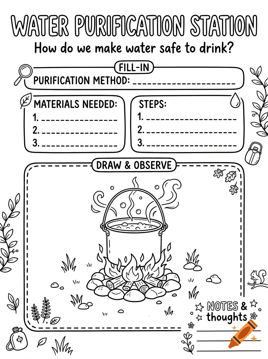 Black and white homeschool workbook page titled WATER PURIFICATION STATION with a campfire and boiling pot coloring illustration.