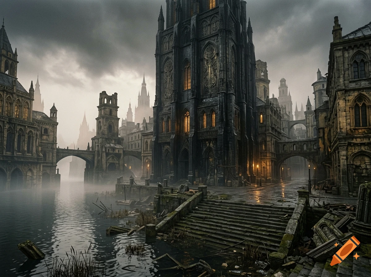A gloomy, gothic waterfront city with a towering cathedral and ancient stone buildings under an overcast sky.