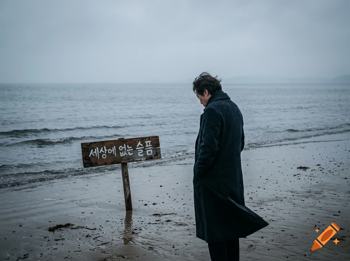 A man in a long dark coat stands on a sandy beach looking down beside a wooden sign with Korean text, against an overcast ocean backdrop.