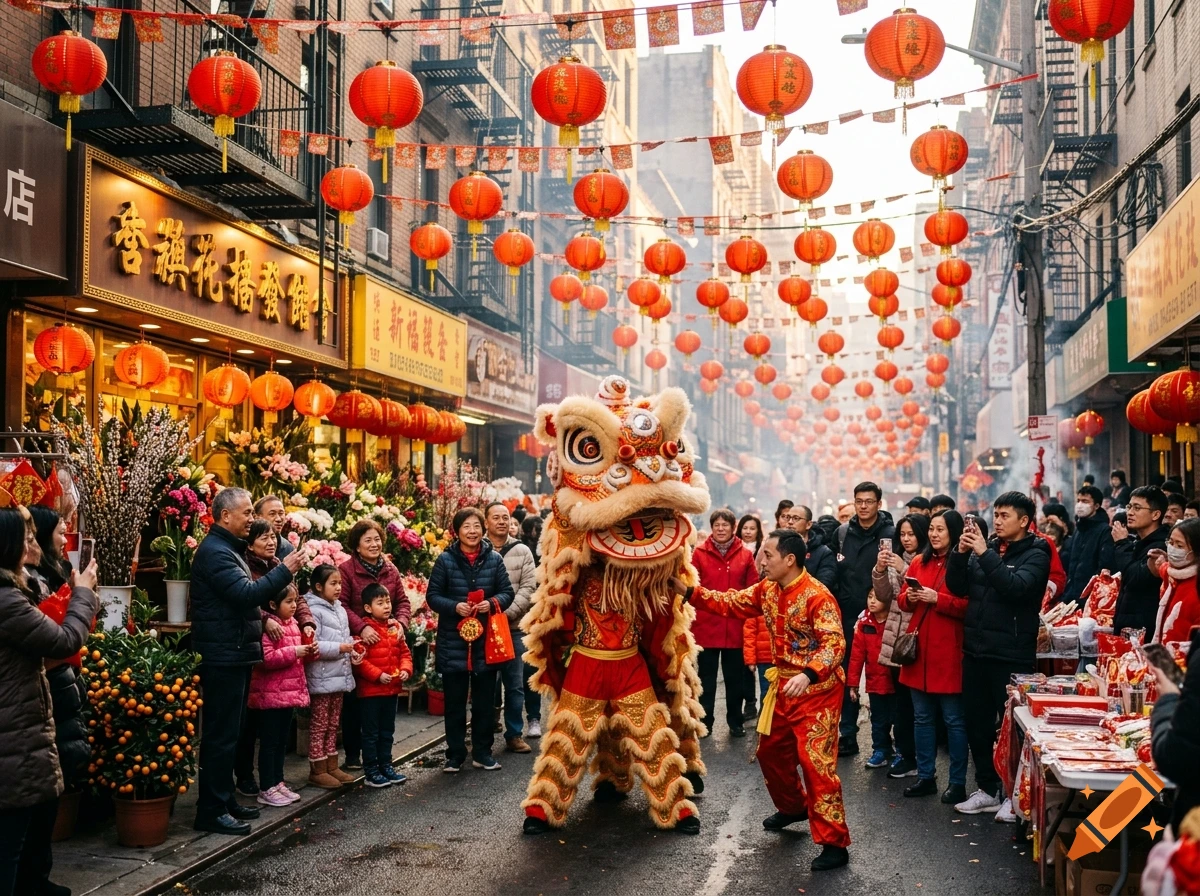 Photorealistic scene of a Chinese New Year street celebration with red lanterns, crowds, and a lion dance performance.