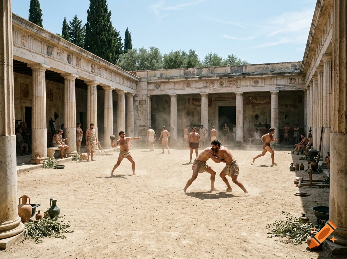 Photorealistic scene of men exercising and wrestling in an ancient Greek gymnasium surrounded by stone columns.